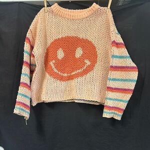Cozy Multicolor Striped Sweater with Smiley Design